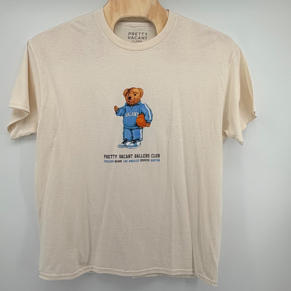 Pretty Vacant Ballers Club Graphic T-Shirt Bear Basketball Cream Mens XL